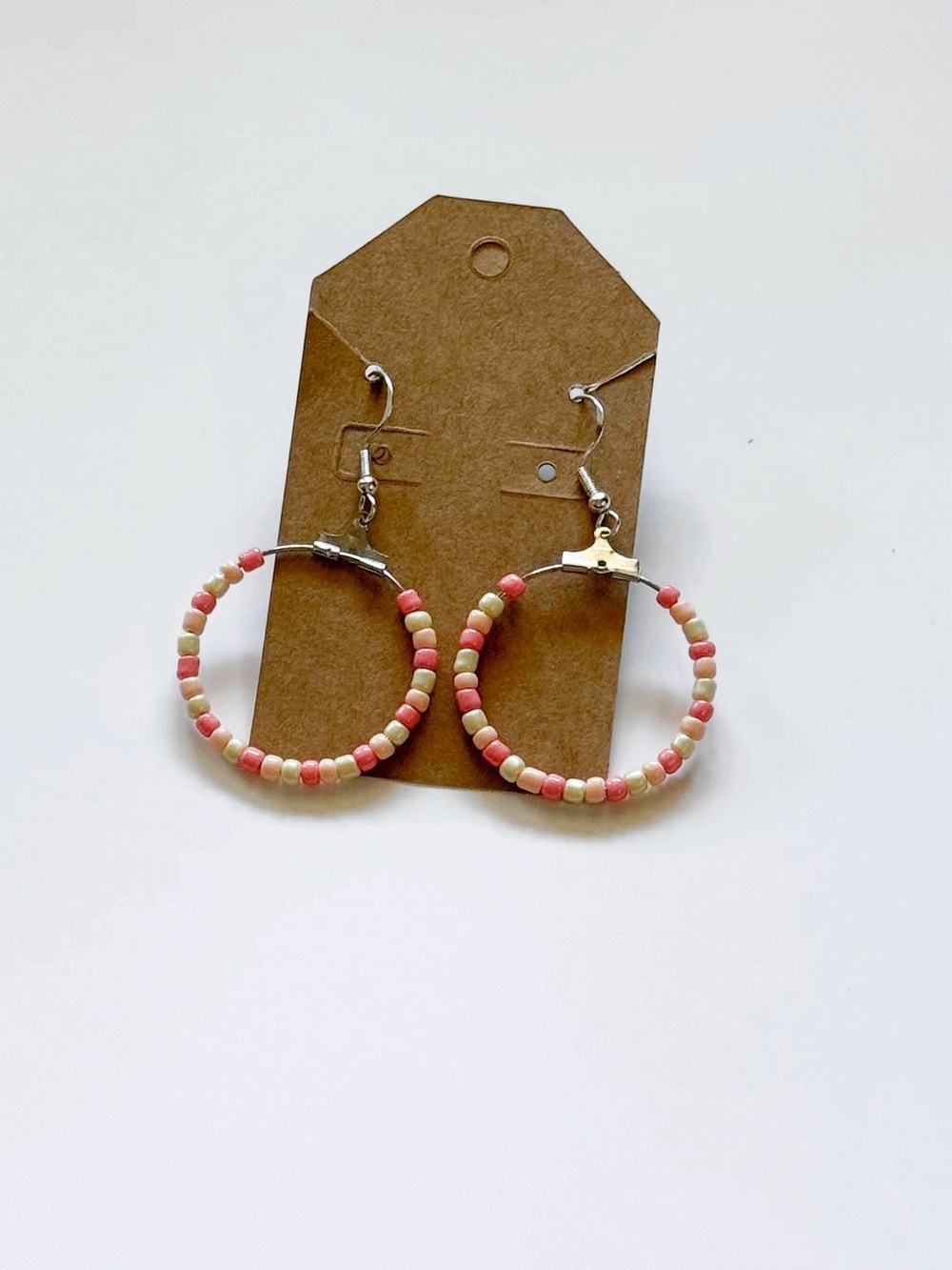 Handmade Pink and Cream Beaded Hoop Earrings
